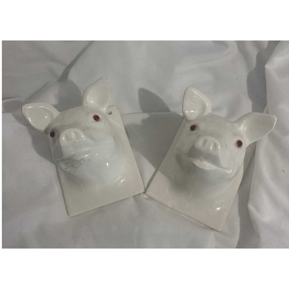 Vintage White Ceramic Pig Head Wall Plaques Set of 2 Japan Glossy Orange Eyes - Picture 3 of 6